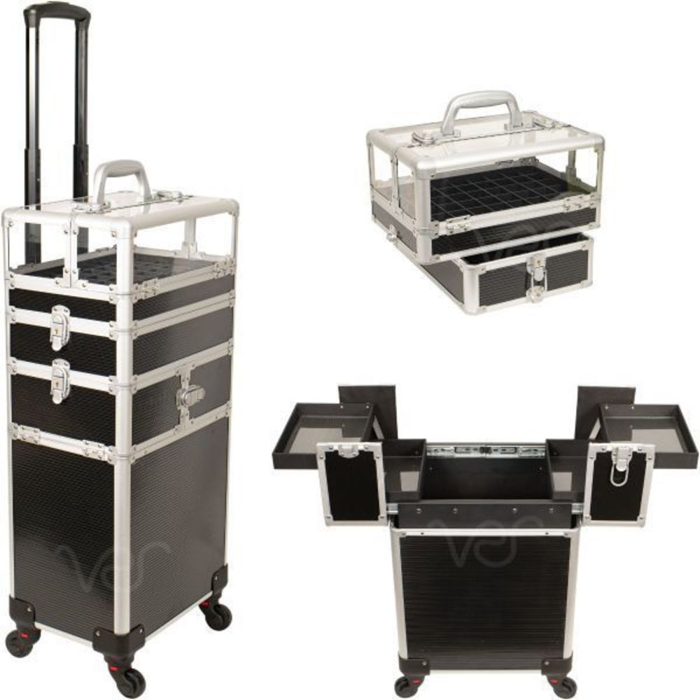 Accordion Style Aluminum Rolling Cosmetics Case with Wheels 2-Tiers Black
